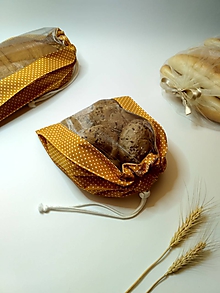 Úžitkový textil - Vrecúško na chlieb a pečivo - biele bodky na horčicovej (MINI) - 11562275_