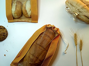 Úžitkový textil - Vrecúško na chlieb a pečivo - biele bodky na horčicovej (1/2kg chlieb) - 11562276_