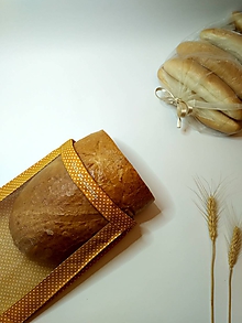 Úžitkový textil - Vrecúško na chlieb a pečivo - biele bodky na horčicovej (1kg chlieb) - 11562277_