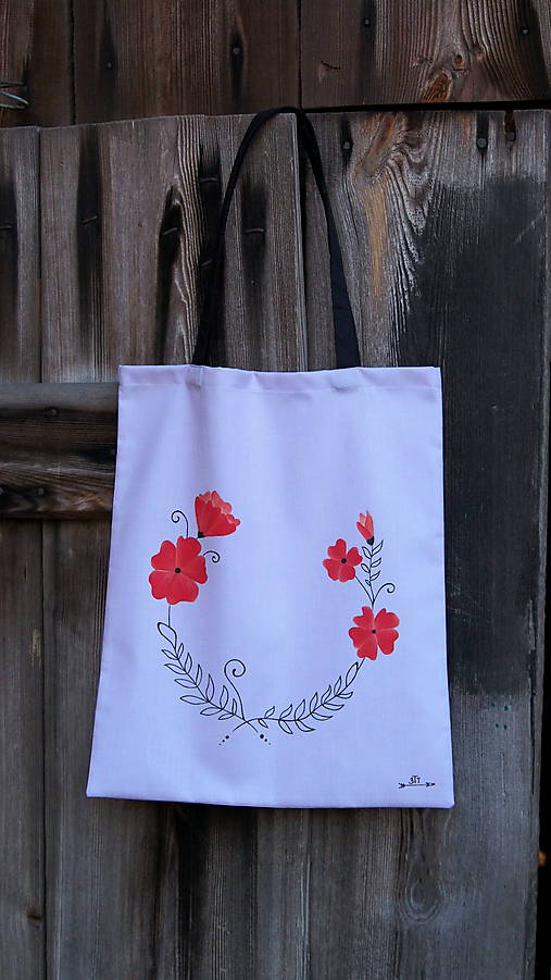 Plátená taška ručne maľovaná- venček s červeným kvetom