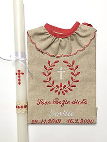 Detské oblečenie - Krstná košieľka k10 ľanová červená a sviečka na krst červený krížik - 11564467_
