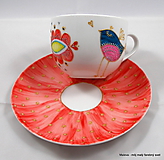 Nádoby - porcelánová šálka Vtáčik červený - 11582242_