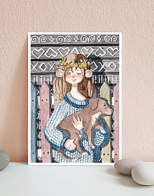 Kresby - Dievča so psíkom, Čičmany - art print A5, A4 (A4- 210 x 297 mm) - 11620261_
