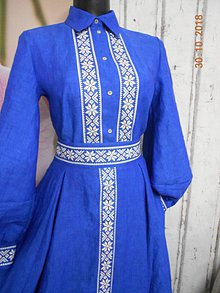 Šaty - "Floral folk" ľanové dlhé košeľové šaty  (modrý ľan - bielo modrá bordúra) - 11623420_