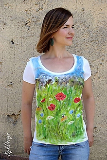 Topy, tričká, tielka - Maľované tričko Poppies and Cornflowers - 11626583_