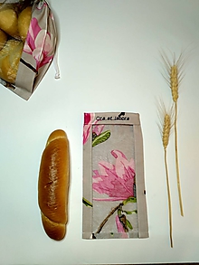 Úžitkový textil - Vrecúško na chlieb a pečivo - magnólie na sivej (Vrecúško na rožtek) - 11643598_
