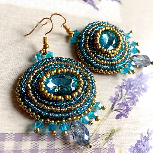 Turquoise Gold Earrings / Korálkové náušnice tyrkysovo zlaté