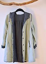 Bundy a kabáty - Lněný oboustranný kabátek zelený / tmavě šedý - 11655047_