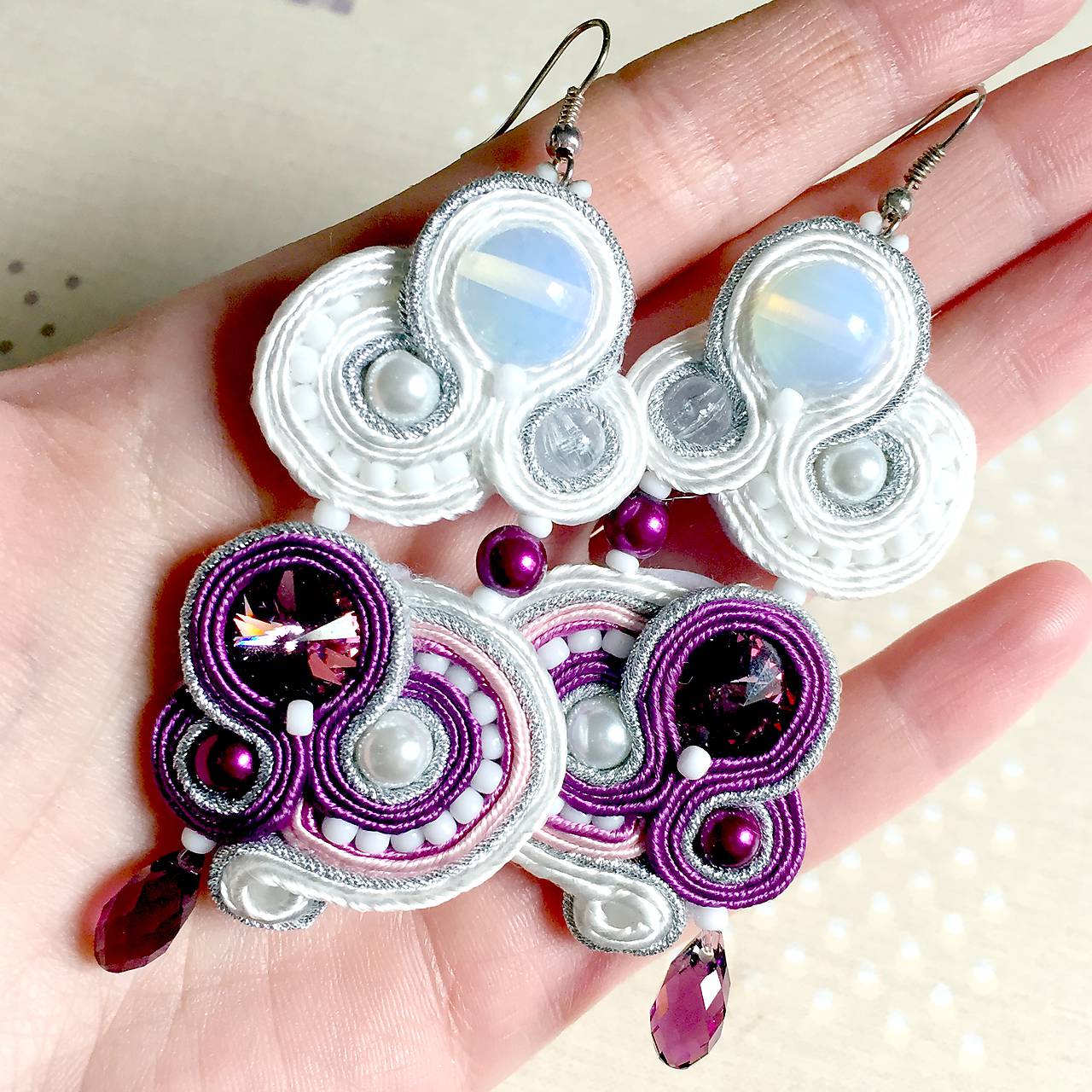 Lavender White Elegant Soutache Earrings / Výrazné náušnice - sutašky
