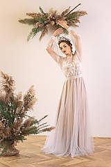 Šaty - Svadobné šaty v páse na gumičku, dlhý tylový rukáv, telové podšitie na ramienka - 11671957_