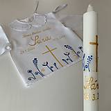 Detské oblečenie - Krstná ručne maľovaná ľudovoladená (Košieľka + svieca s krížom a kvetmi v modro červenej kombinácii) - 11670722_
