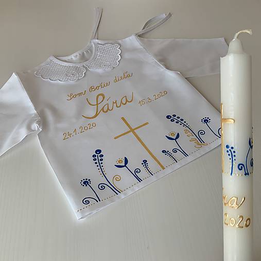 Krstná ručne maľovaná ľudovoladená (Košieľka + svieca (modro zlatá))