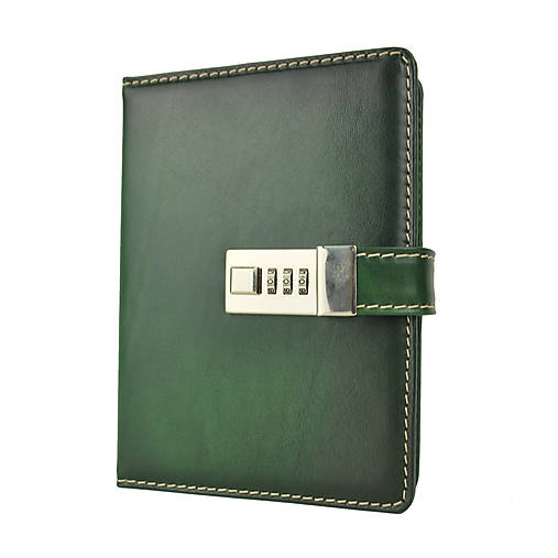 Kožený zápisník na heslový zámok, ručne tieňovaný, zelená farba