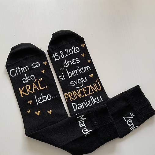 Maľované ponožky pre ženícha (biela + zlatá 2 na čiernych s menom "princeznej" 3)