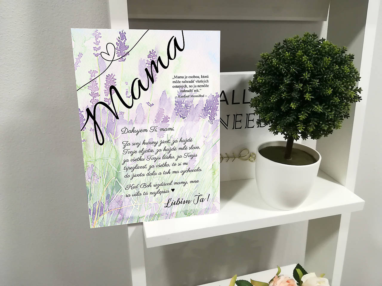 Darček pre mamku,  Tabuľka s poďakovaním pre mamu na deň matiek (levanduľové pozadie)