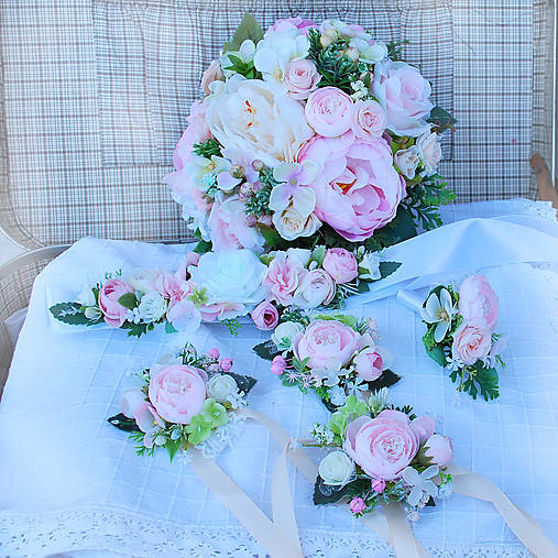  - Svadobná sada s pivonkami a ružami, pastelová ružová, marhuľová - 11734833_
