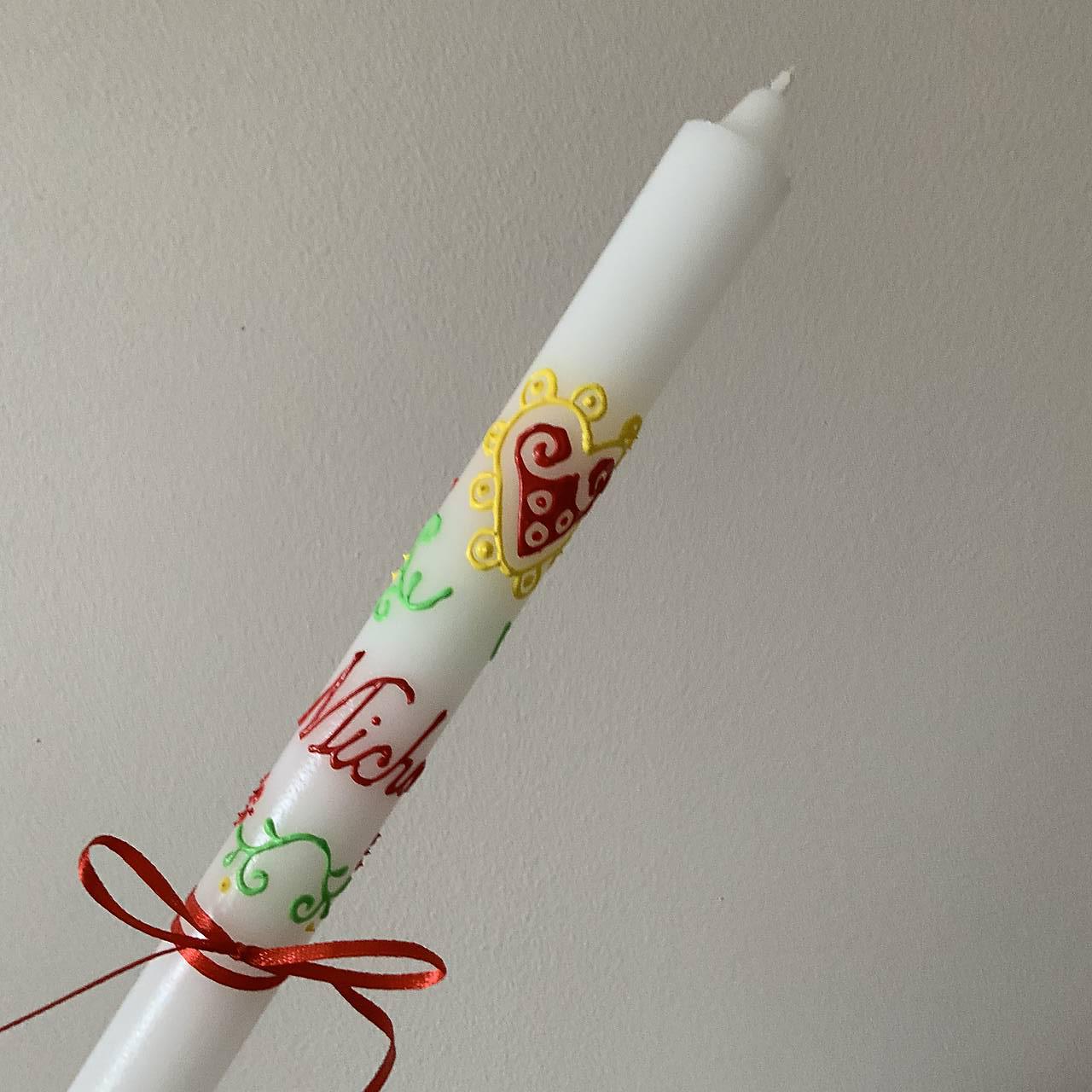 Ručne maľovaná krstná svieca s personalizáciou – 35 cm, biely vosk (pestrofarebná)