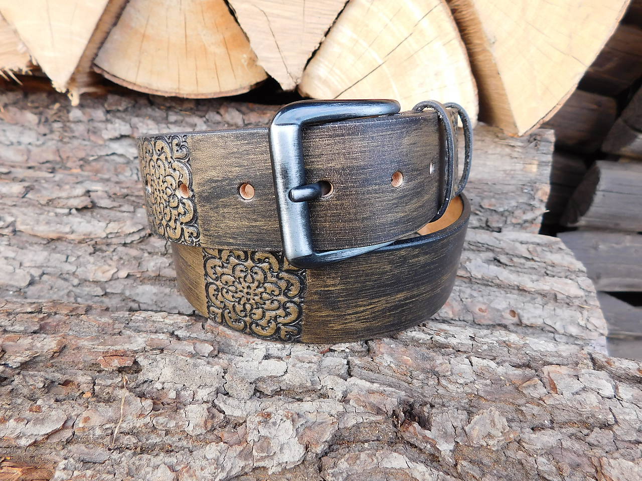 Kožený opasok 4 cm - Kovový kvet