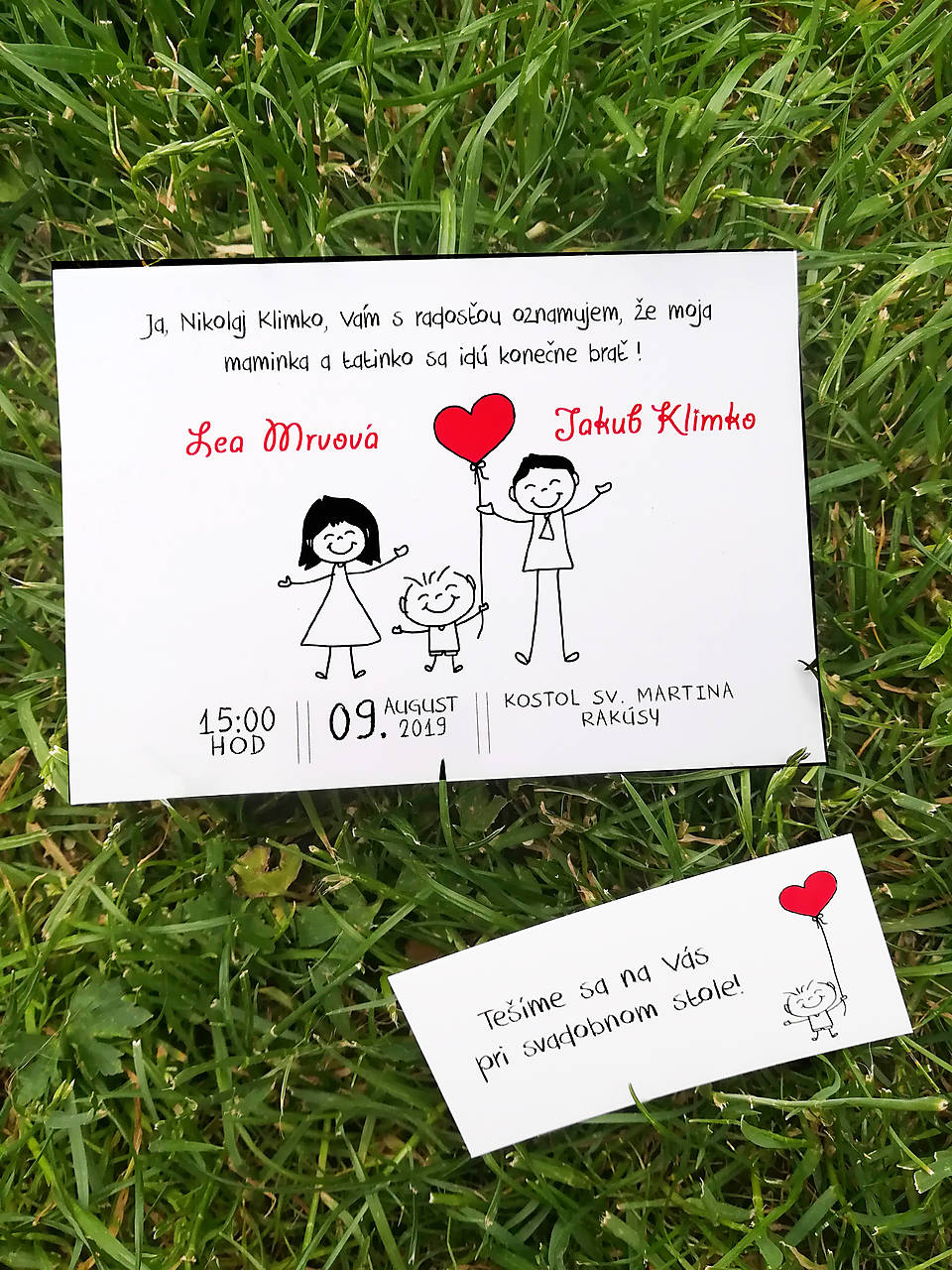 Svadobné oznámenie s kreslenými postavičkami