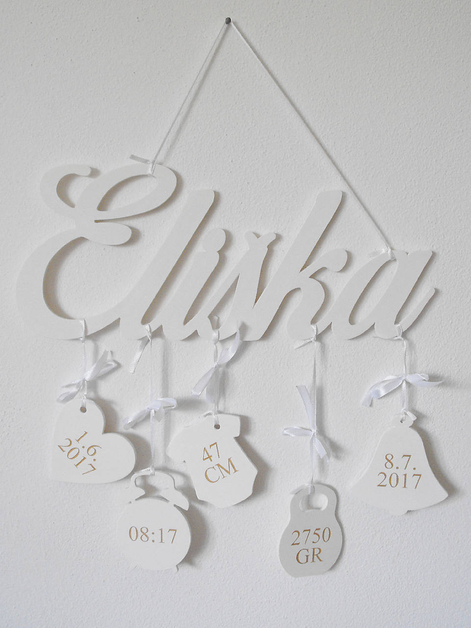 Drevené meno s údajmi o narodení + zvonček