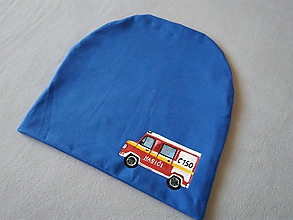 Detské čiapky - Prechodná čiapka s hasičským autom (Modrá) - 11769280_