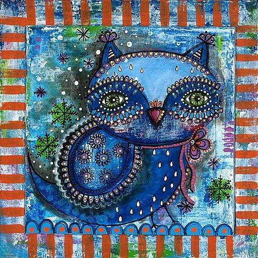 Obrazy - č.34-modrá sovička (pohľadnica13x13cm) - 11773253_