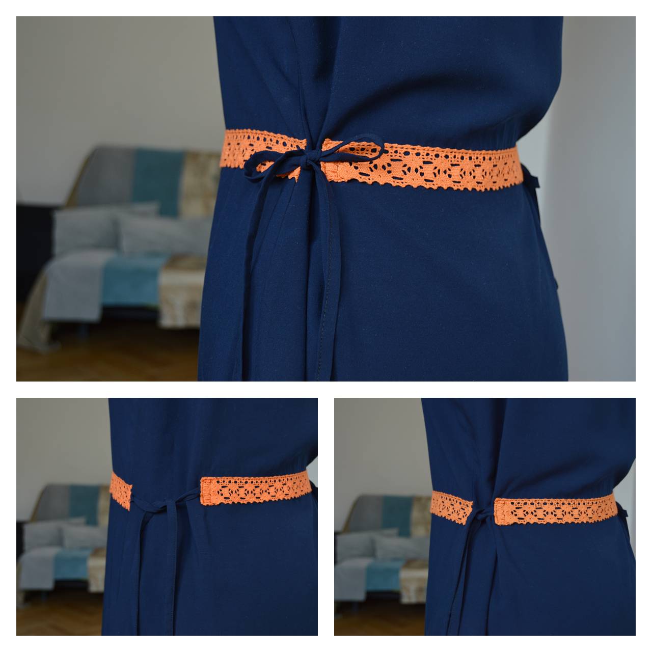 Modré šaty s oranžovým detailom 