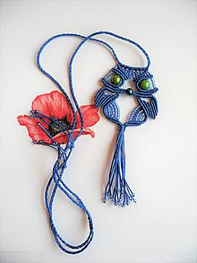 Náhrdelníky - Macrame prívesok, macramé náhrdelník Sova (Modrá) - 11774580_
