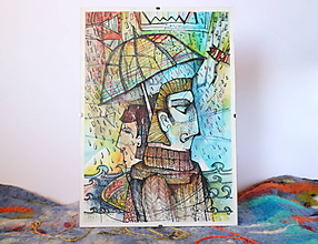 Kresby - dvaja v daždi (rám v cene) - 11783900_