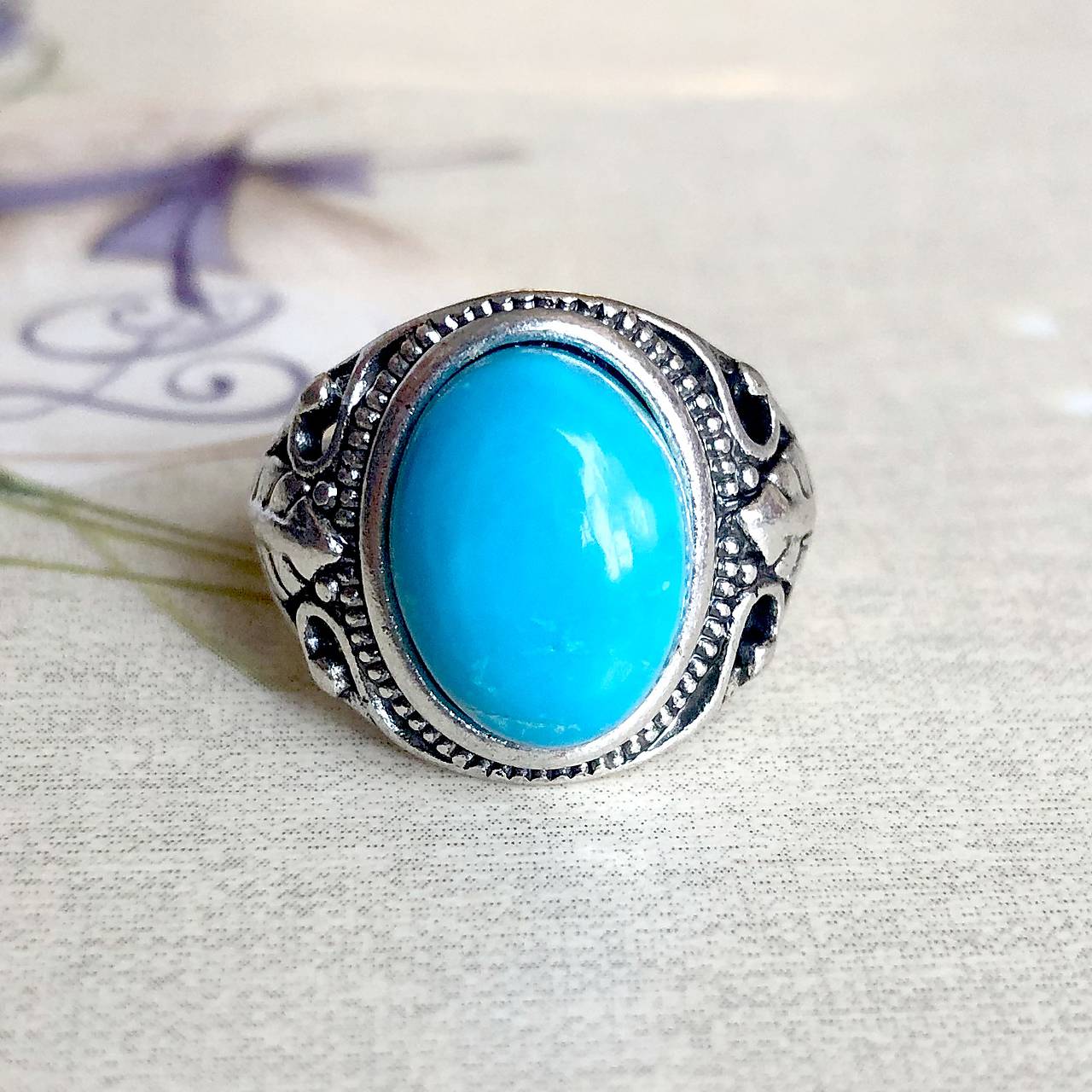 Floral Turquoise Ring / Elegantný vintage prsteň s pravým tyrkysom