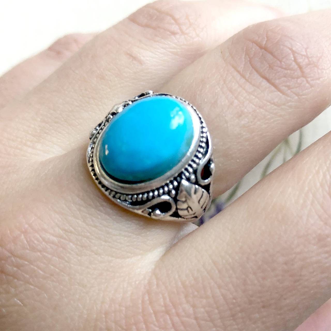 Floral Turquoise Ring / Elegantný vintage prsteň s pravým tyrkysom