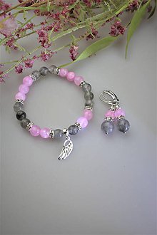 Sady šperkov - luxusný náramok a náušnice dymový krištál a ružový jadeit s anjelským krídlom zo striebra - 11829660_
