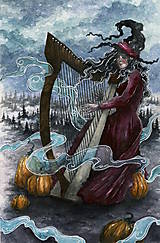 Obrazy - Čarodejnica hrajúca na harfe do hmiel a hôr Art Print - 11844399_