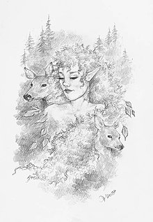 Kresby - Elfka a vznešení srnčí sprievodcovia z lesov Art Print - 11847563_
