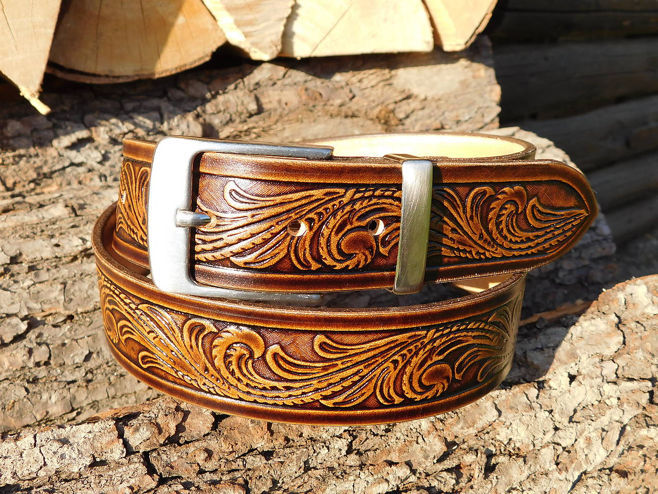 Kožený opasok 4 cm - Farebné kvety (dĺžka: 120 cm (uvádzam celkovú dĺžku opasku) - Hnedá)