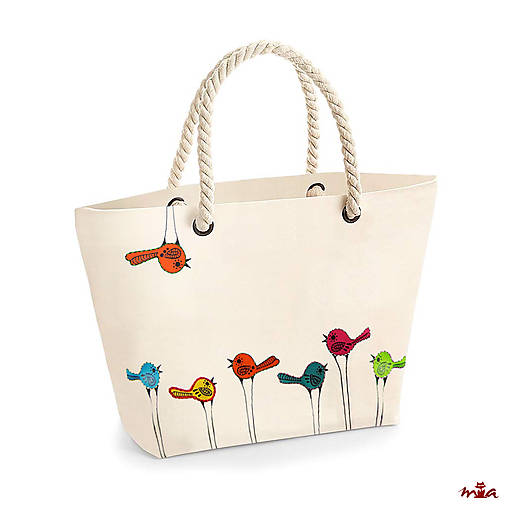  -  Ručne maľovaná a vyšívaná plátená taška - "Birds" (Typ "plážová taška" (56x35x18cm)) - 11858444_