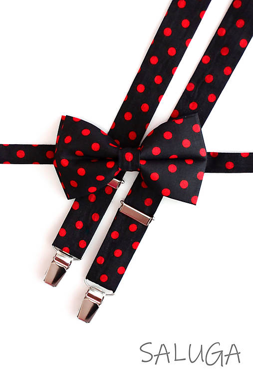 Pánske doplnky - Retro bodkovaný motýlik a traky - pánsky - na guľky - čierny - červený (set bez vreckovky) - 11879589_