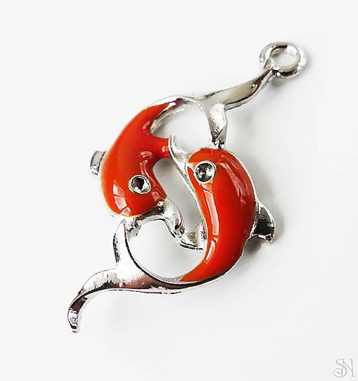 Komponenty - Kovový prívesok oranžové delfíny 41x23 mm - 11884390_