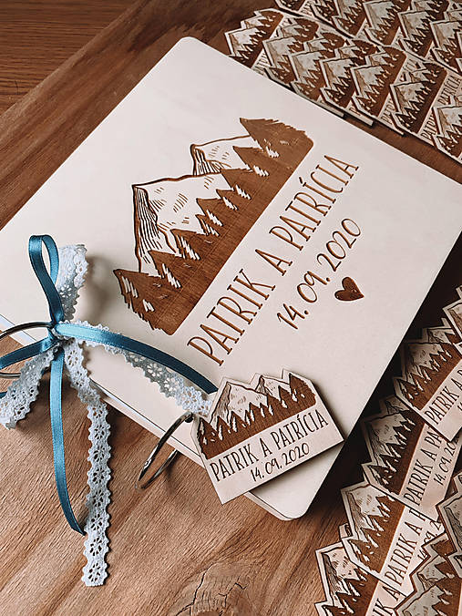 Svadobná kniha hostí, drevený fotoalbum -  Hory