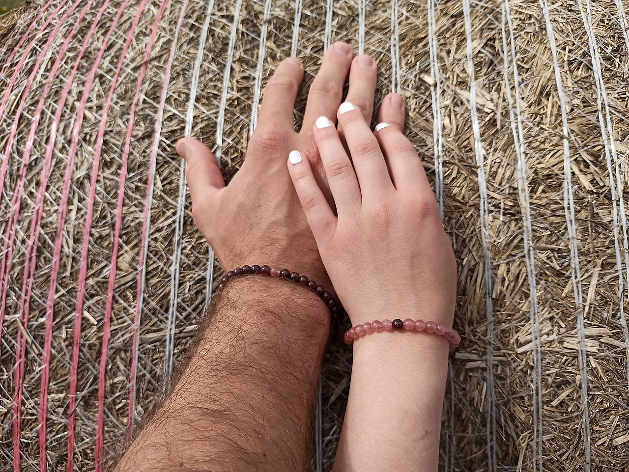 Partnerské náramky Granát a Kremeň jahodový s Ag925