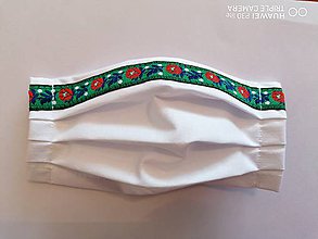 Rúška - Letné rúška 1vrstvové s drôtikom -  biele folklor zelena krojovka 1,8cm - 11922323_
