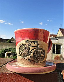 Nádoby - hrnček s podložkou, bicyklový-ružový "Úzky" - 11929845_