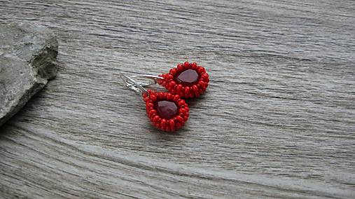 Náušnice - Červené slzy - šité náušničky, striebro 925, č. 3163 - 11931518_
