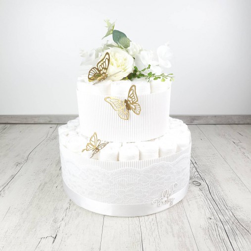 Detské doplnky - Plienková torta motýľkovo biela+zlatá - 11960478_