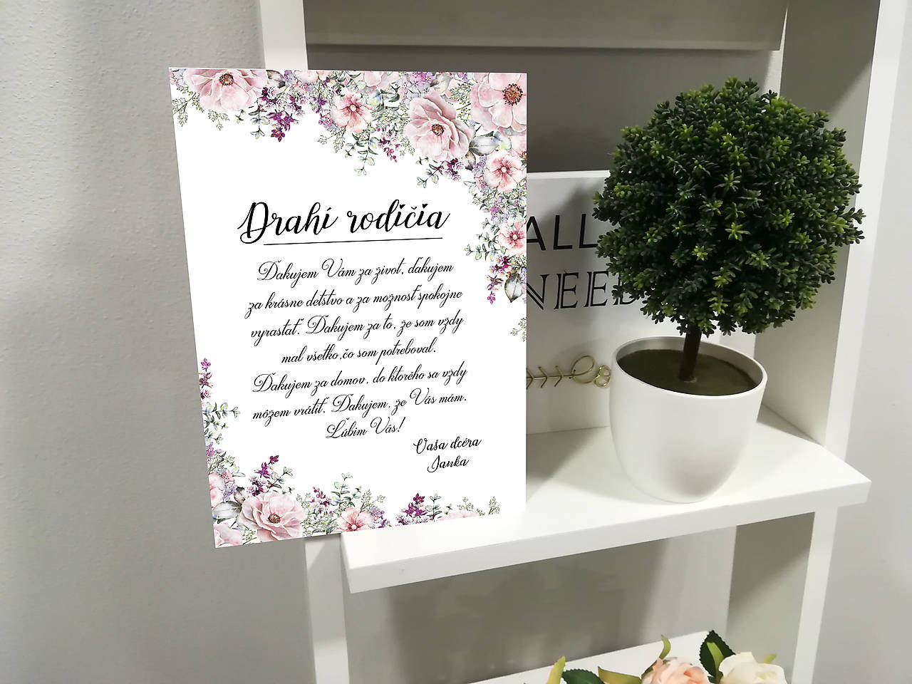 Svadobná tabuľka (1ks) - poďakovanie rodičom  (Jemné fialovo-ružové kvety Romantic)