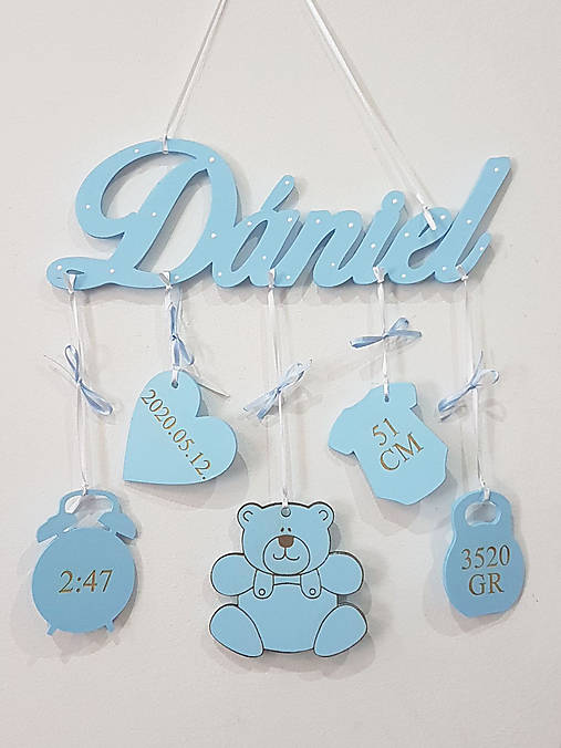 Drevené meno s údajmi o narodení + macko Blue