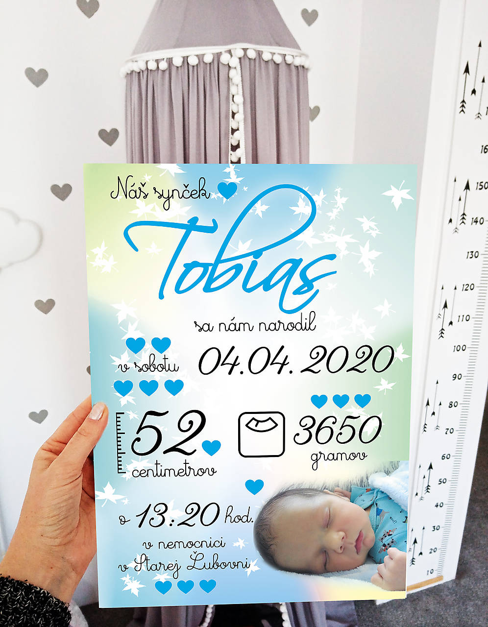 Detská tabuľka, tabuľka pre dieťa s údajmi o narodení dieťatka (Modrozelené pozadie 38x27)