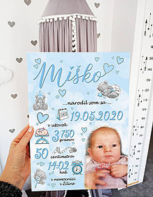 Tabuľky - Detská tabuľka, tabuľka pre dieťa s údajmi o narodení dieťatka (Modrá s macíkmi 38x27) - 12024420_