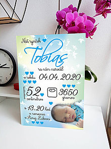 Tabuľky - Detská tabuľka, tabuľka pre dieťa s údajmi o narodení dieťatka (Modrozelené pozadie 27x19) - 12024520_