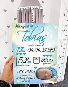 Tabuľky - Detská tabuľka, tabuľka pre dieťa s údajmi o narodení dieťatka (Modrozelené pozadie 38x27) - 12024533_